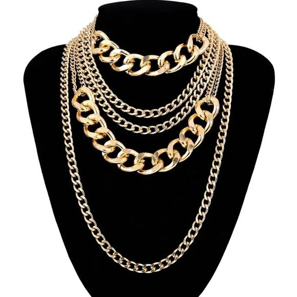 NEW Necklace 5 Layering Chains Trend Chunky Layered Gold S14 - Picture 1 of 4